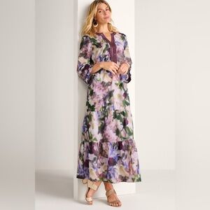 Soft Surroundings Baroque‎ Maxi Dress Floral Tiered Long Sleeve Size L